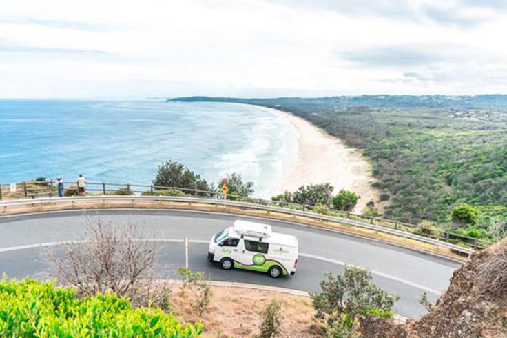 JUCY campervan driving coast road to Cape Byron