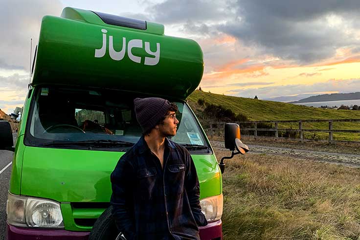 Sunset behind JUCY campervan in Taupo